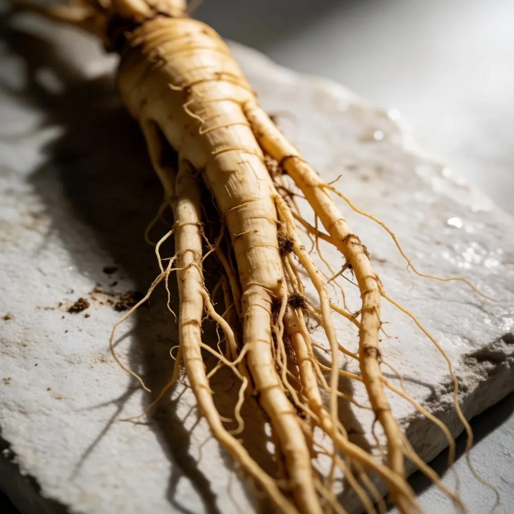 A single ginseng root resting on a stone surface
