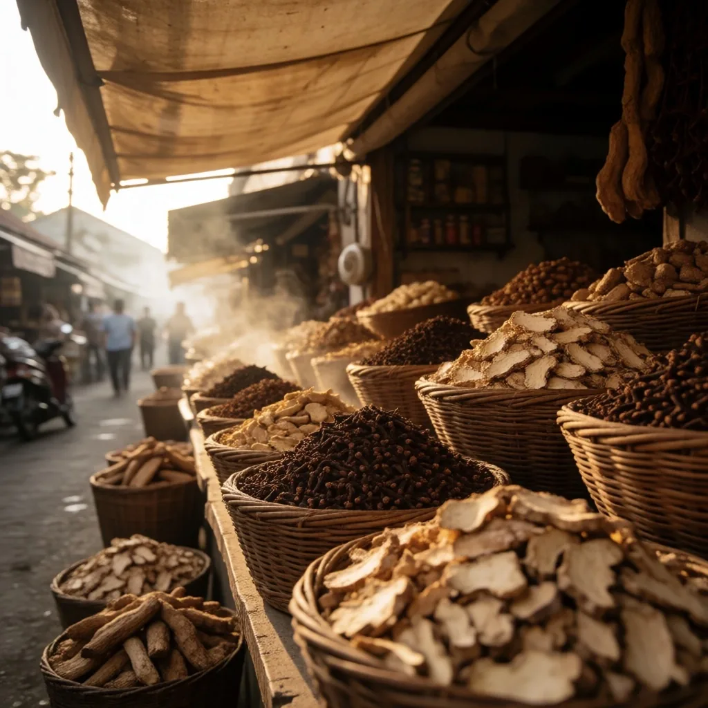 A traditional herbal market stall in Surabaya with baskets of dried botanicals