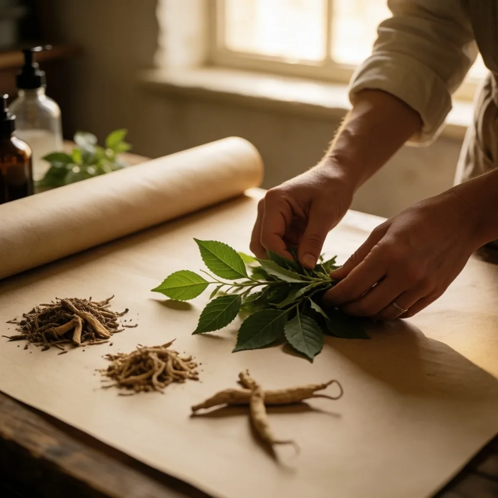 Raw botanical roots arranged on a wooden workbench in warm morning light