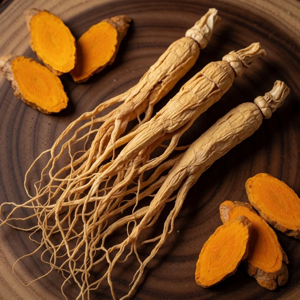 Dried ginseng root and turmeric slices on walnut wood