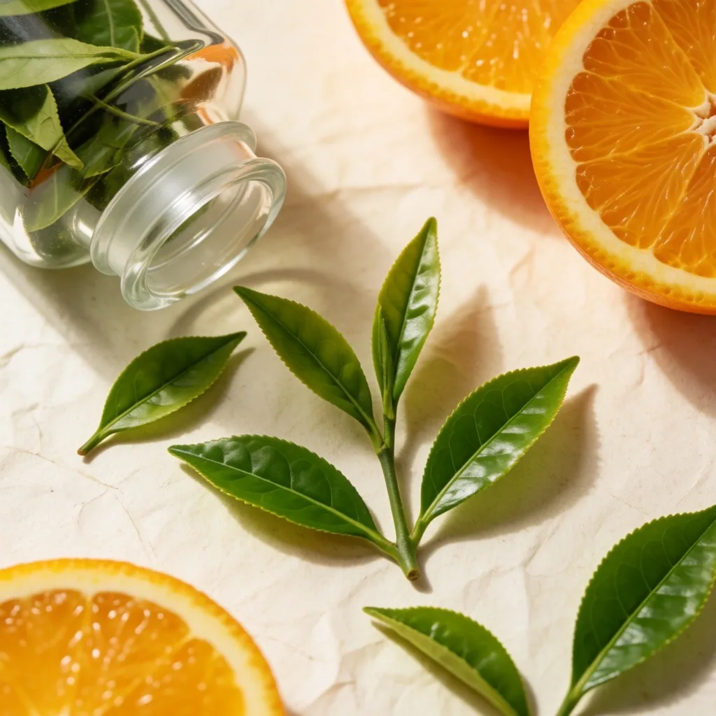 Green tea leaves and citrus fruits on a paper surface