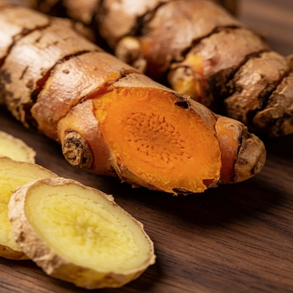 Raw turmeric root and ginger on a wooden workbench