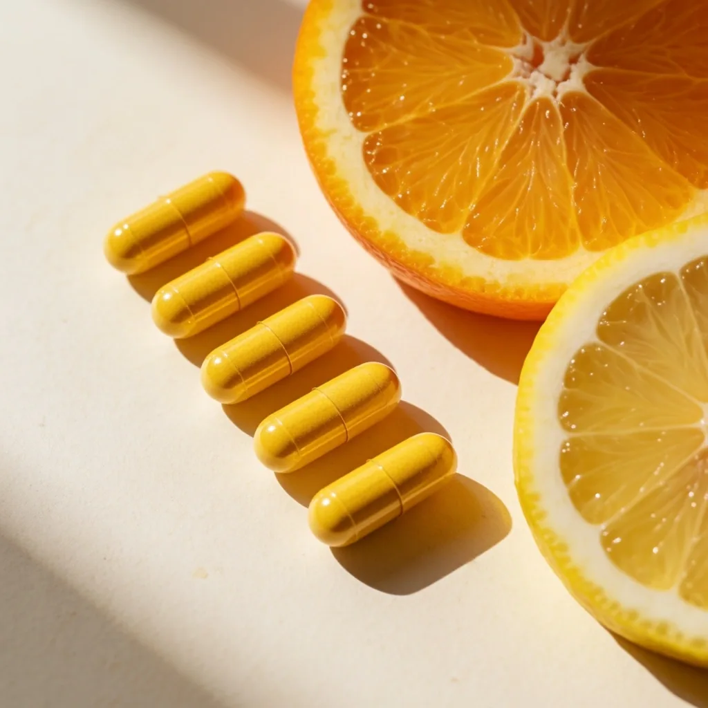 Vitamin B-complex capsules with citrus fruits on paper